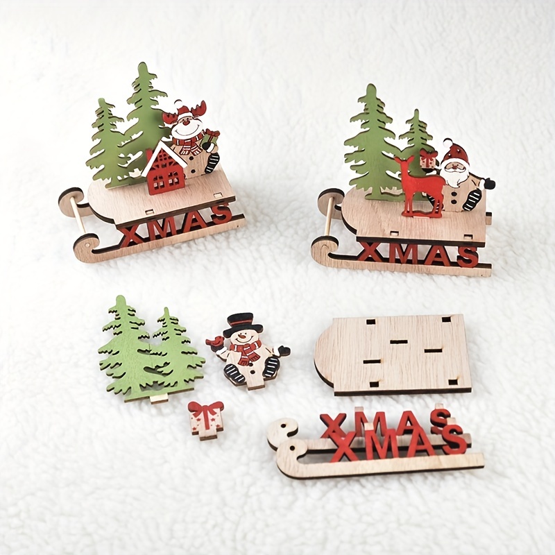 1pc Christmas Wooden Crafts, Holiday Assembly, Home Mini Sled Car Desktop  Decoration