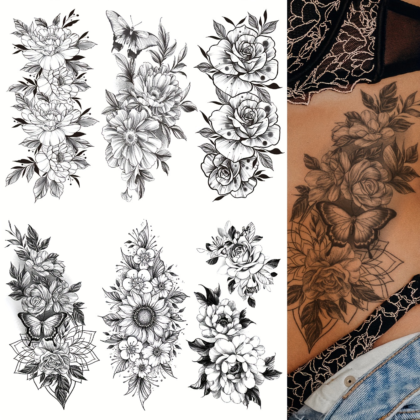 

6pcs Black Flower Pattern Combination Of Tattoo, For Men And Women Arm Chest Tummy Back, Waterproof Simulation, Can Last For 3-5 Days Body Tattoo Sticker