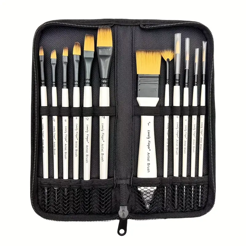12pcs Professional Artist Paint Brush Set With Carrying Case Premium Nylon  Hair Brushes For Acrylic, Oil, Watercolor And Gouache Painting