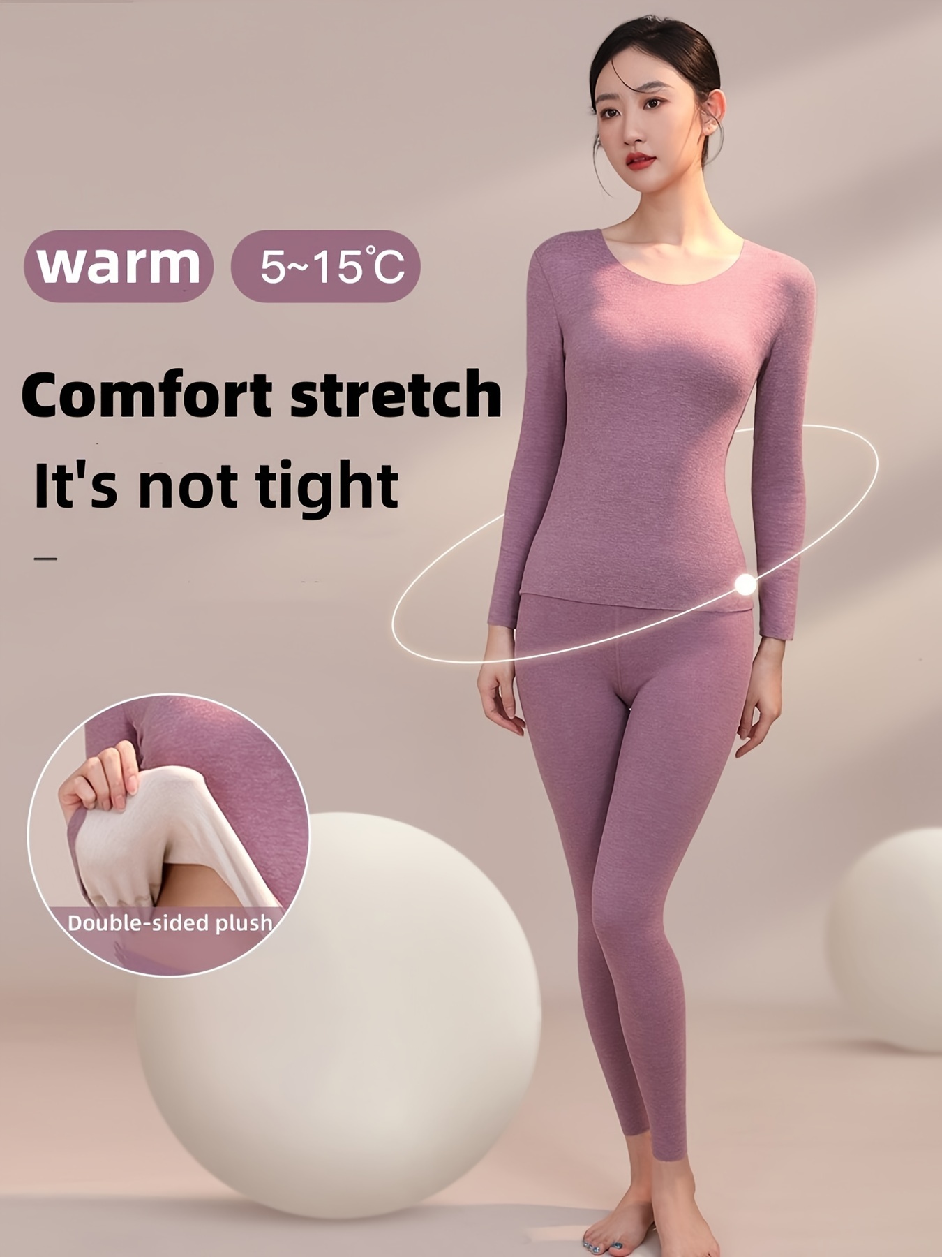 Women Seamless Thermal Underwear Double-sided Fleece Lingerie Set Long  Sleeve Top Pants Leggings Solid Two