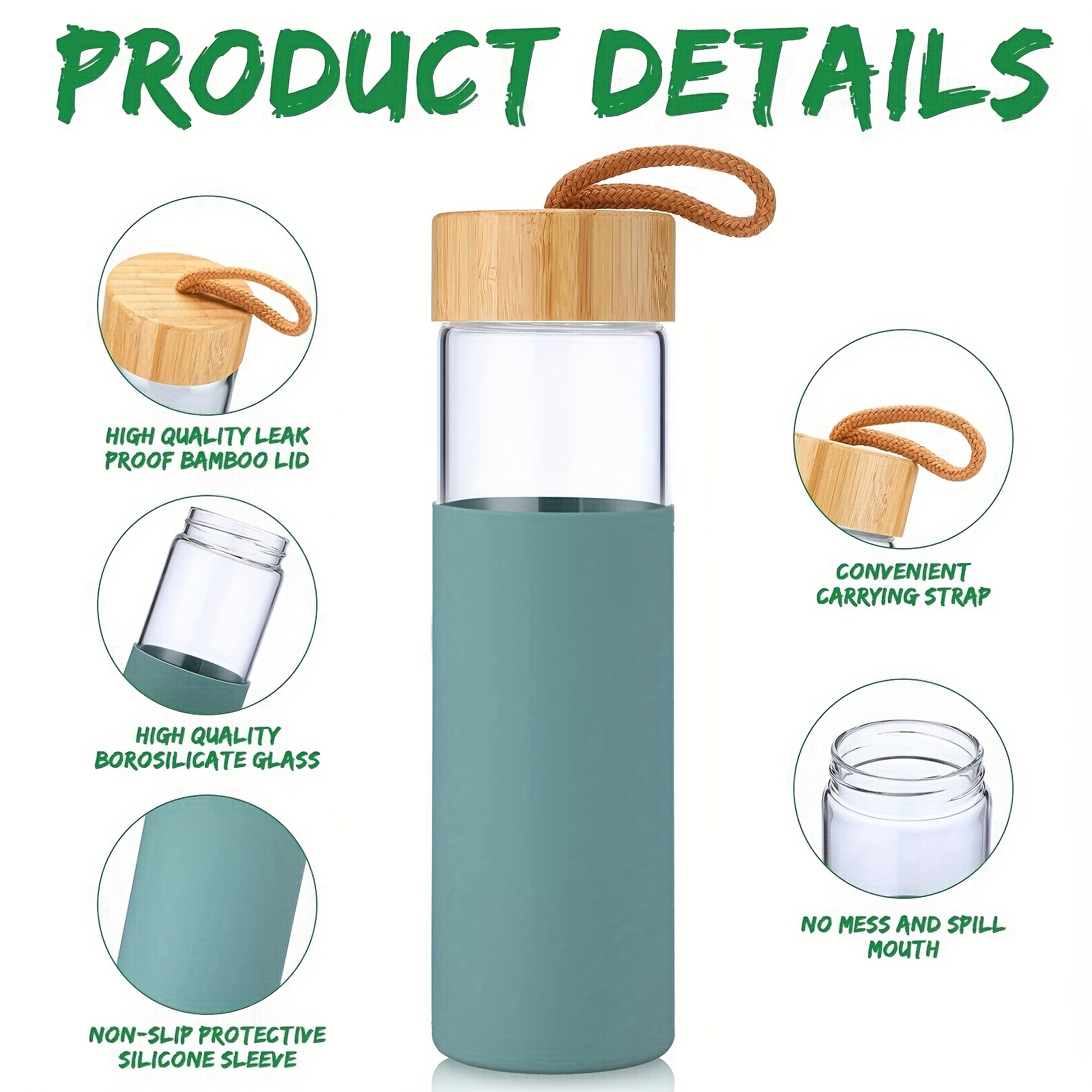 Reusable Glass Water Bottle With Anti Slip Cork Sleeve Cover, Leak