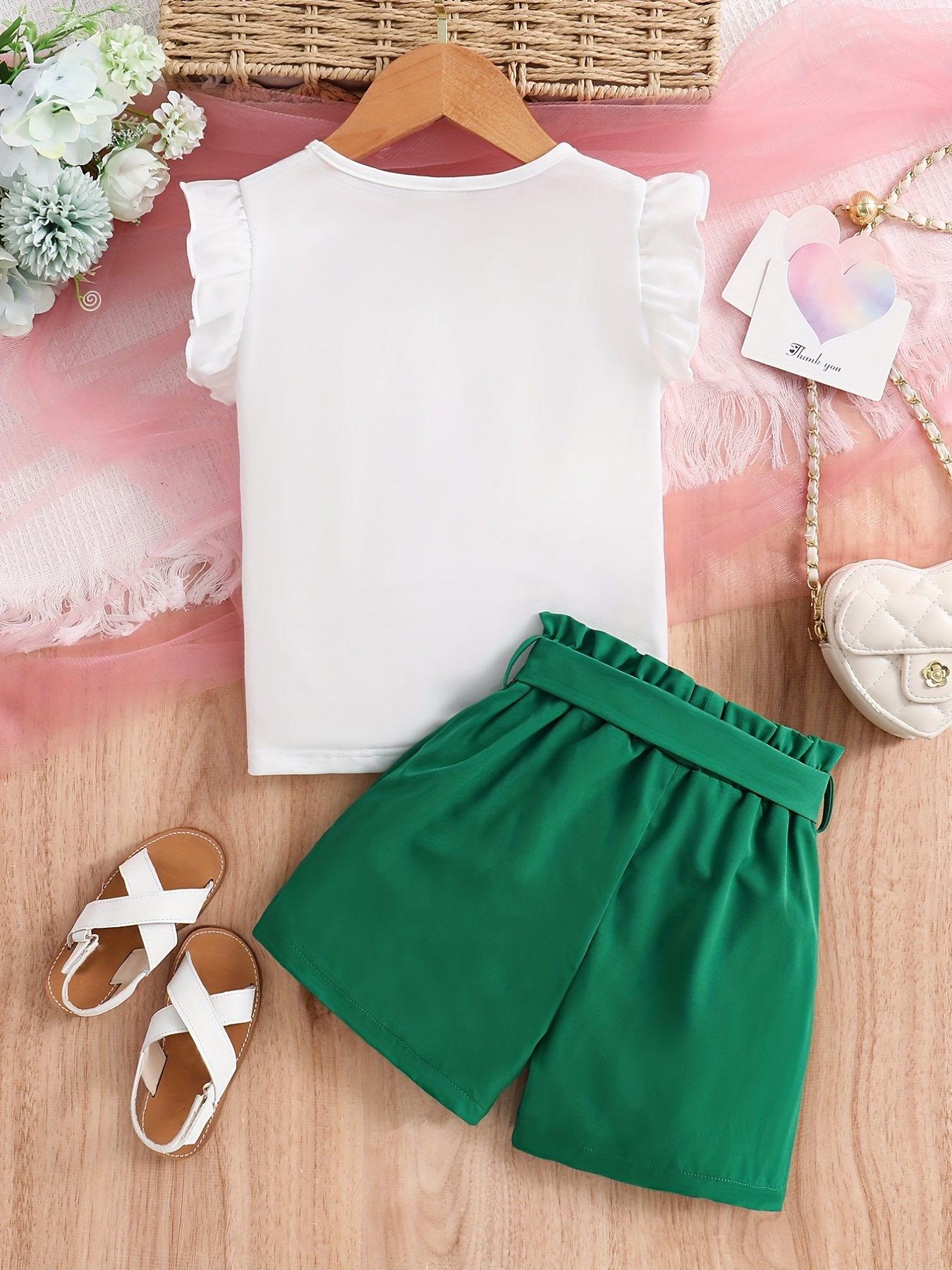 Girls Heart Print Sleeveless Top & Bow Shorts Set for Summer