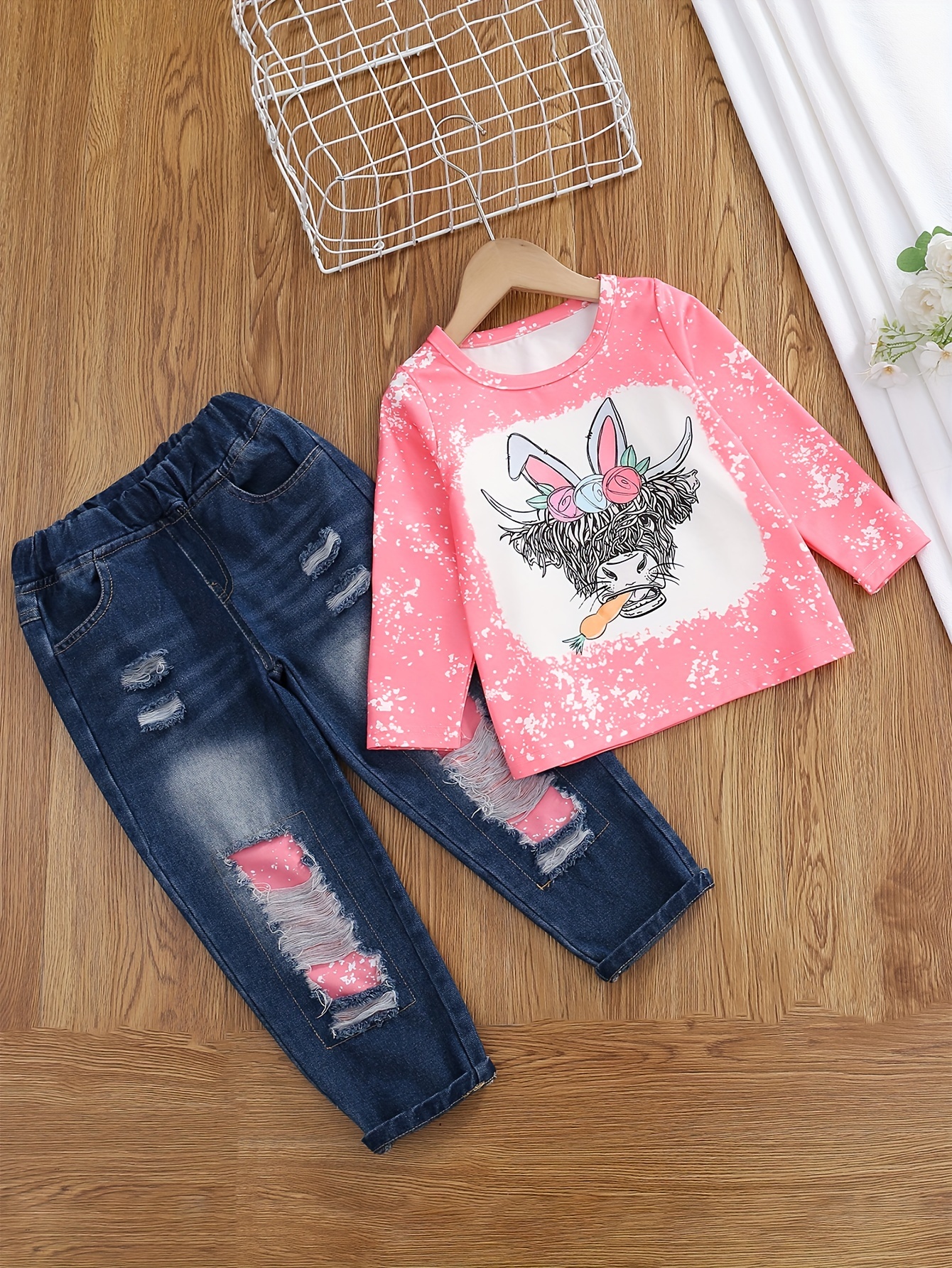 Toddler Girls Outfit WHITE L/S TEE SHIRT Round Hem LIGHT PINK JEGGINGS  Pants 3T