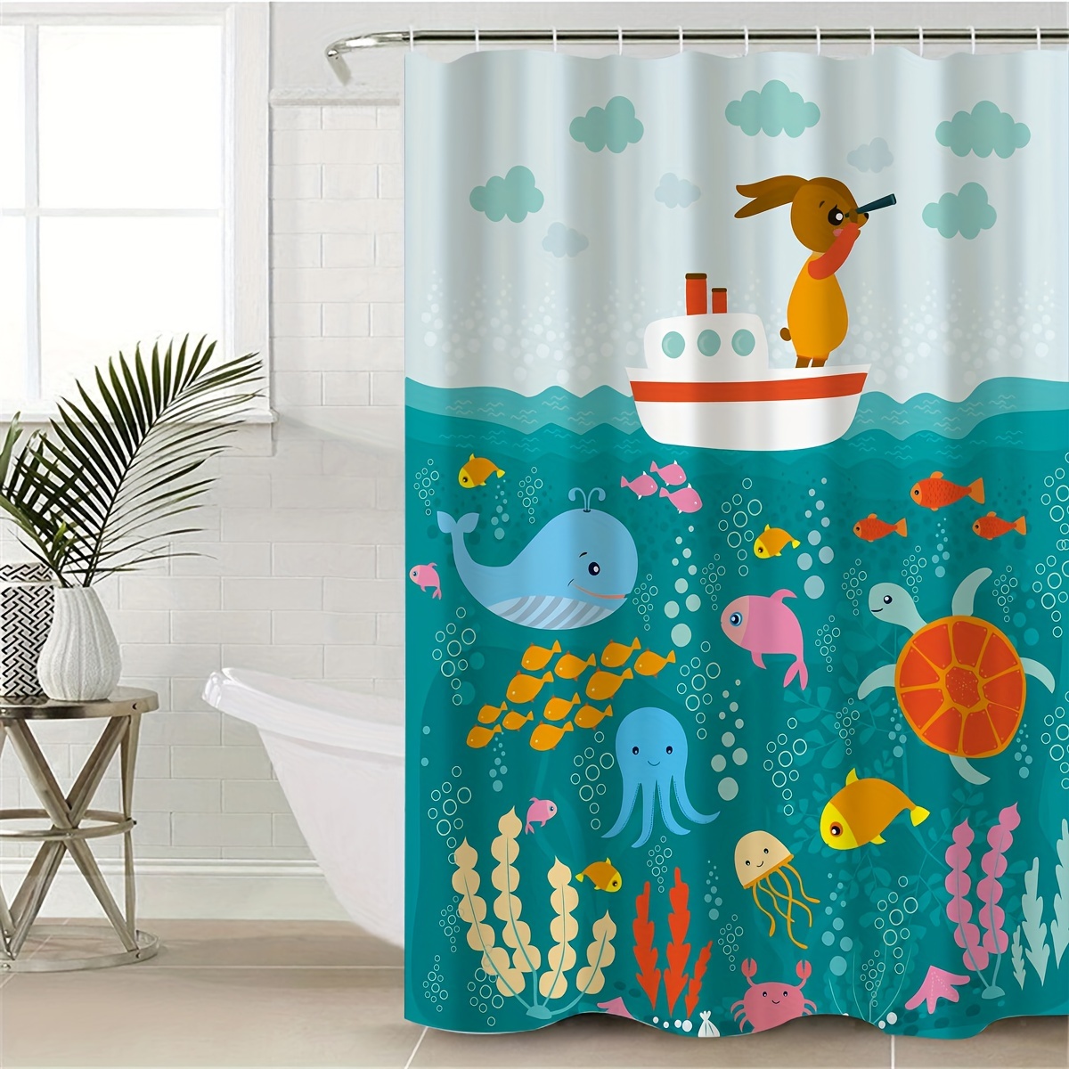 1pc Lovely Cartoon Sea Creatures Fabric Shower Curtain, Whale Turtle And  Fish Bathroom Decor Curtain, Waterproof Shower Curtain, Machine Washanble,  Ba