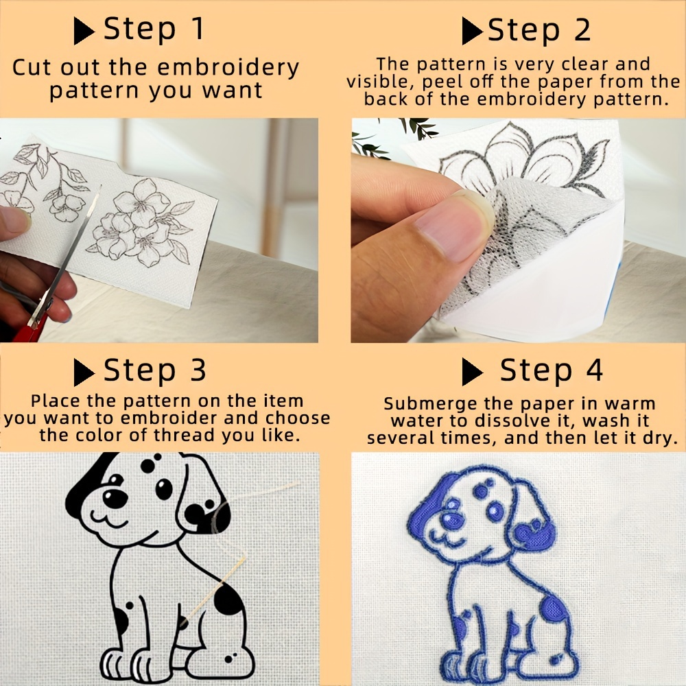  4 Sheet Embroidery Patterns, Water Soluble Hand Sewing  Stabilizers Stick and Stitch Embroidery Stabilizers with Animal Patterns  for Hand Sewing Beginners