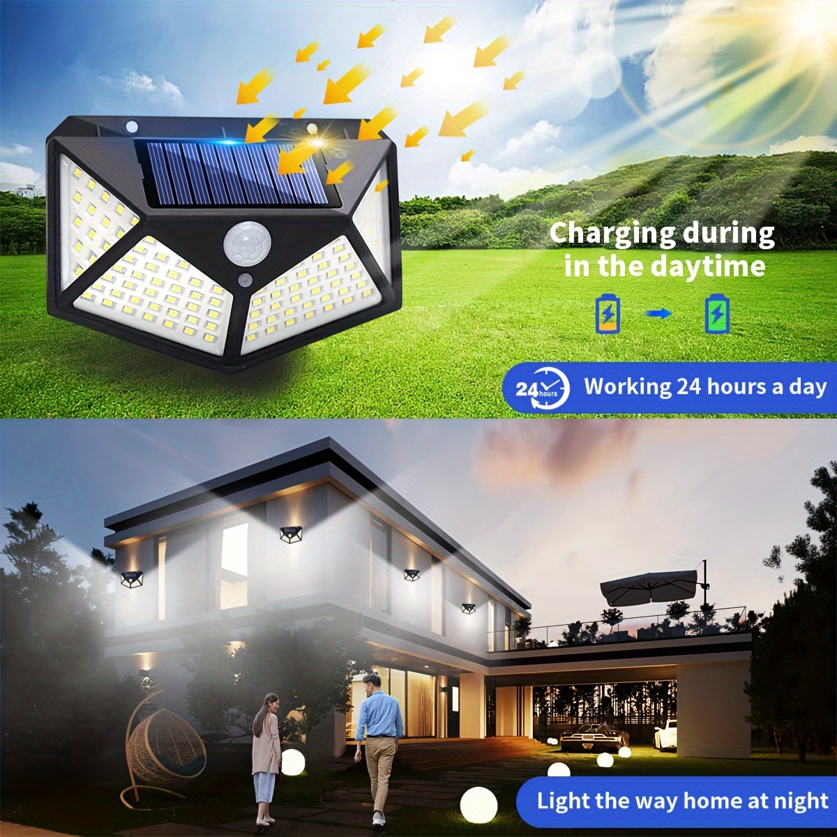 Lampes solaires d'extérieur étanches, applique murale à énergie solaire 56  LED avec détecteur de mouvement, angle d'éclairage de 120 ° Lampe solaire  de sécurité extérieure pour patio jardin 