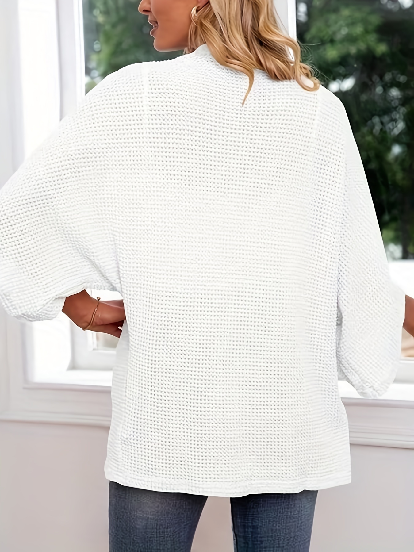 Casual Cardigan Women's Plus Solid Waffle Knit Open Front Cardigan