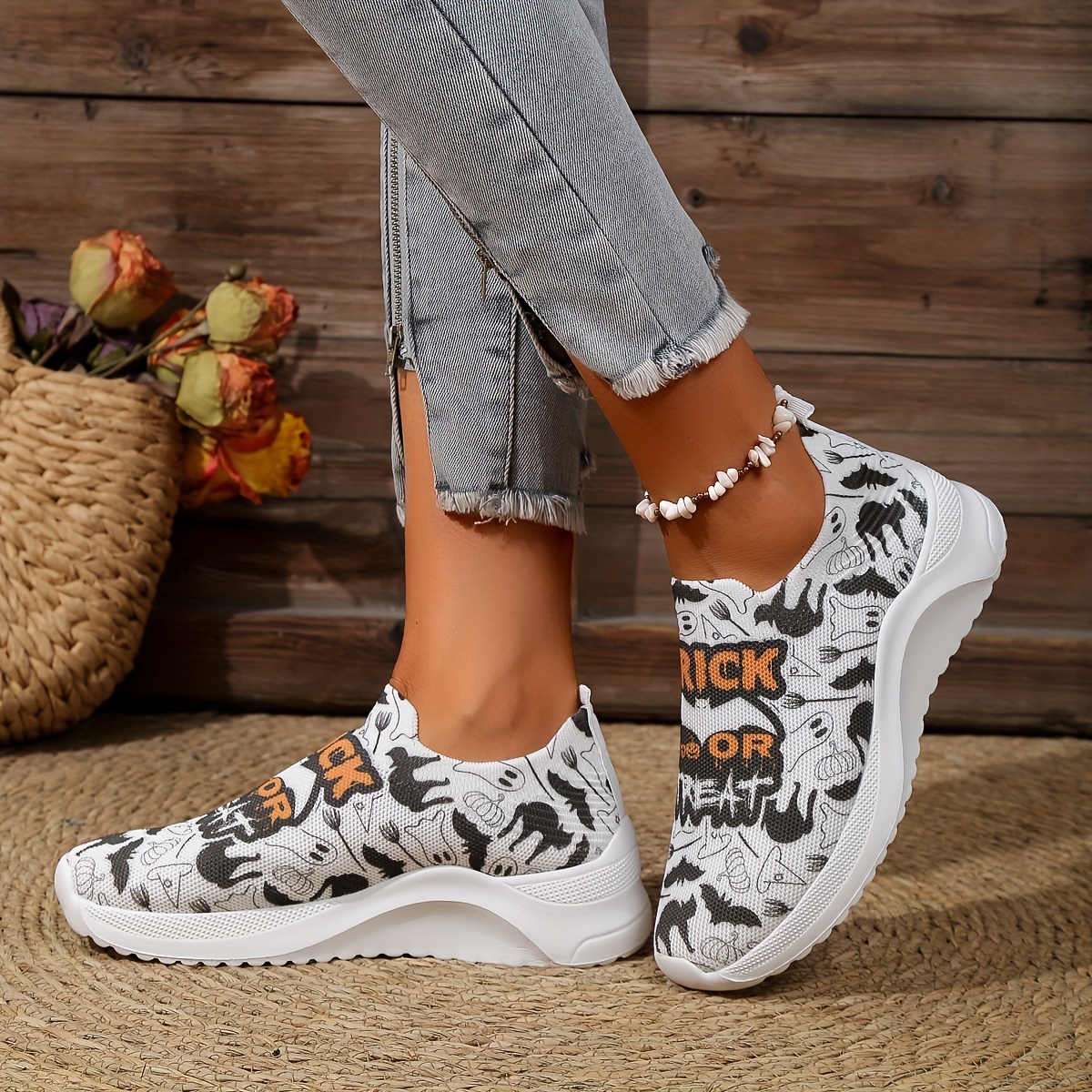 Women's Cartoon Print Knitted Sneakers, Slip On Shock Absorption