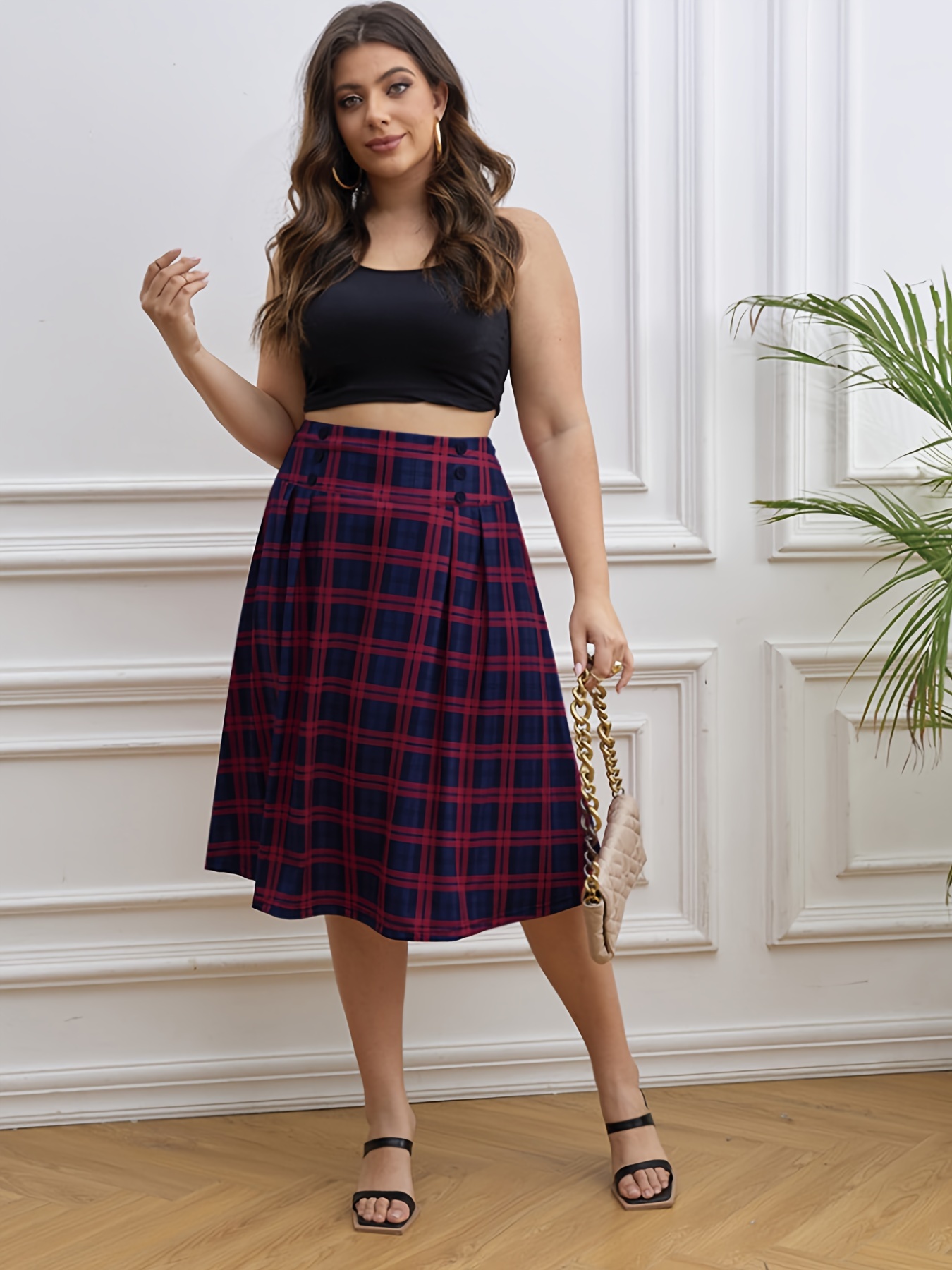 plus size casual skirt womens plus plaid print button decor elastic high rise slight stretch maxi a line skirt
