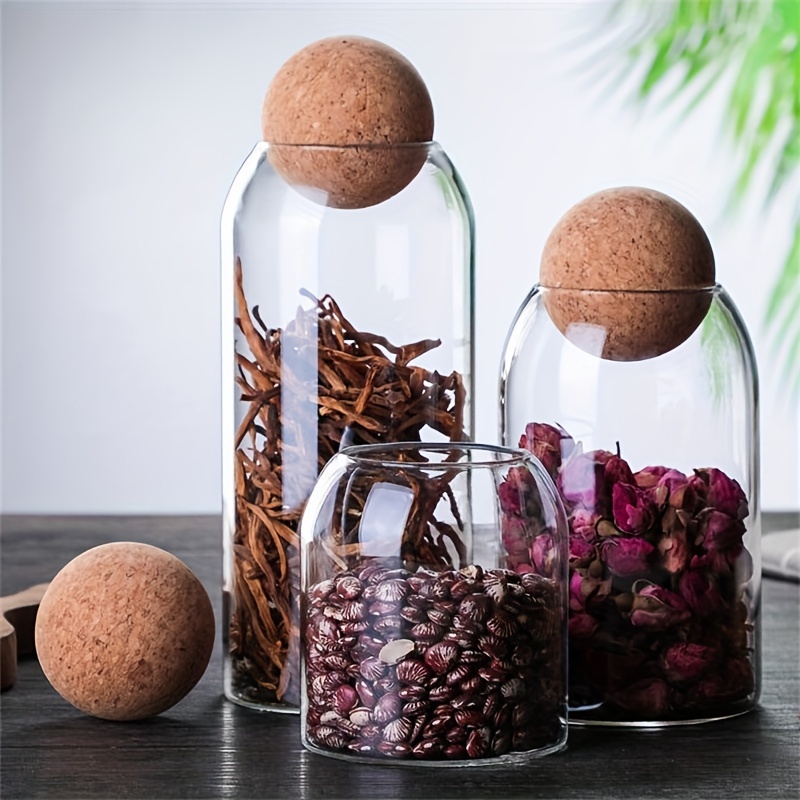 Set of 4 Cork Ball Lid Glass Jars, Tall Food Storage Containers for Pantry,  Coffee Storage (4 Sizes)