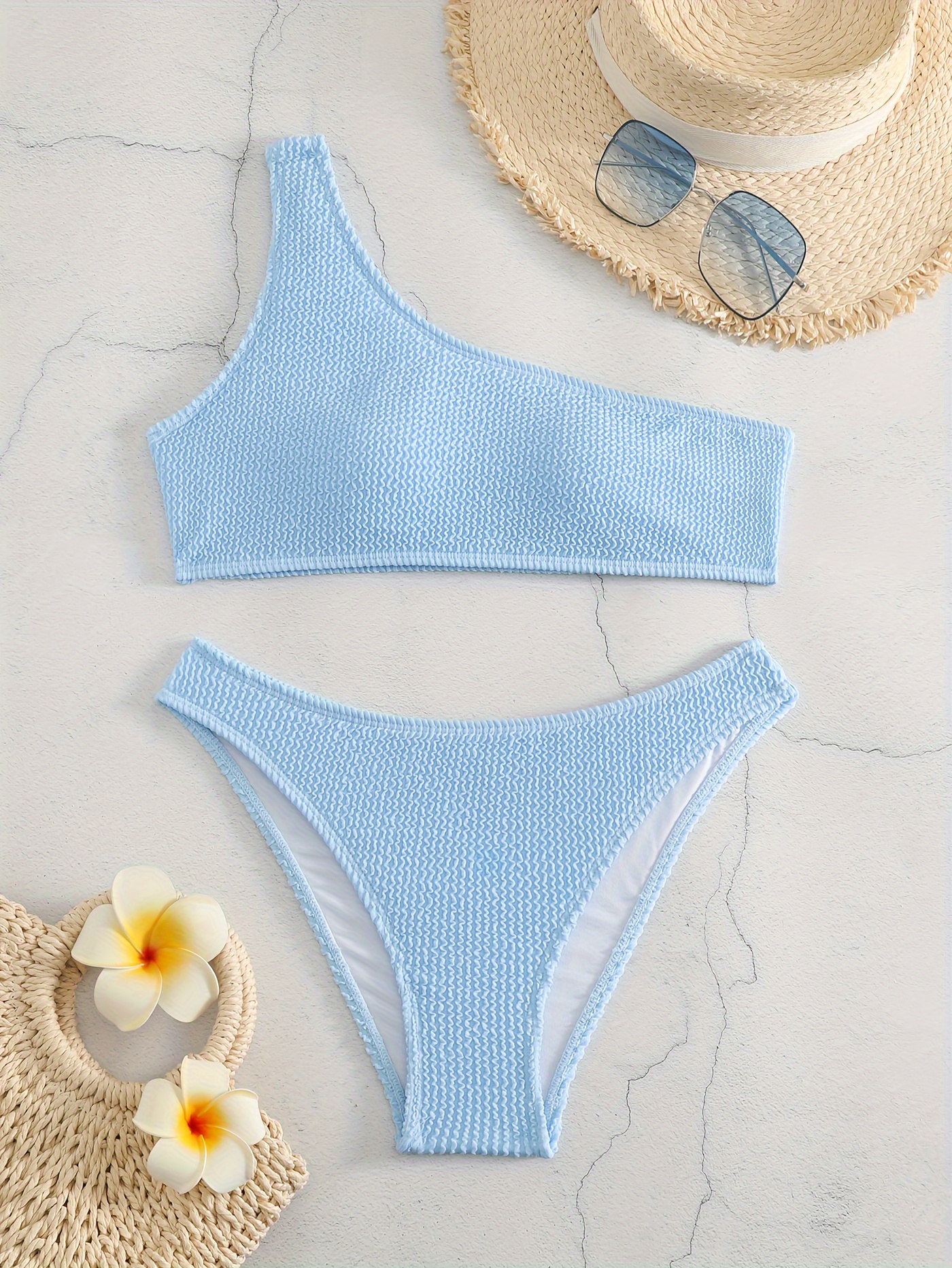 ZAFUL Strappy High Cut Textured Asymmetric Neck Bikini Swimwear In LIGHT  BLUE