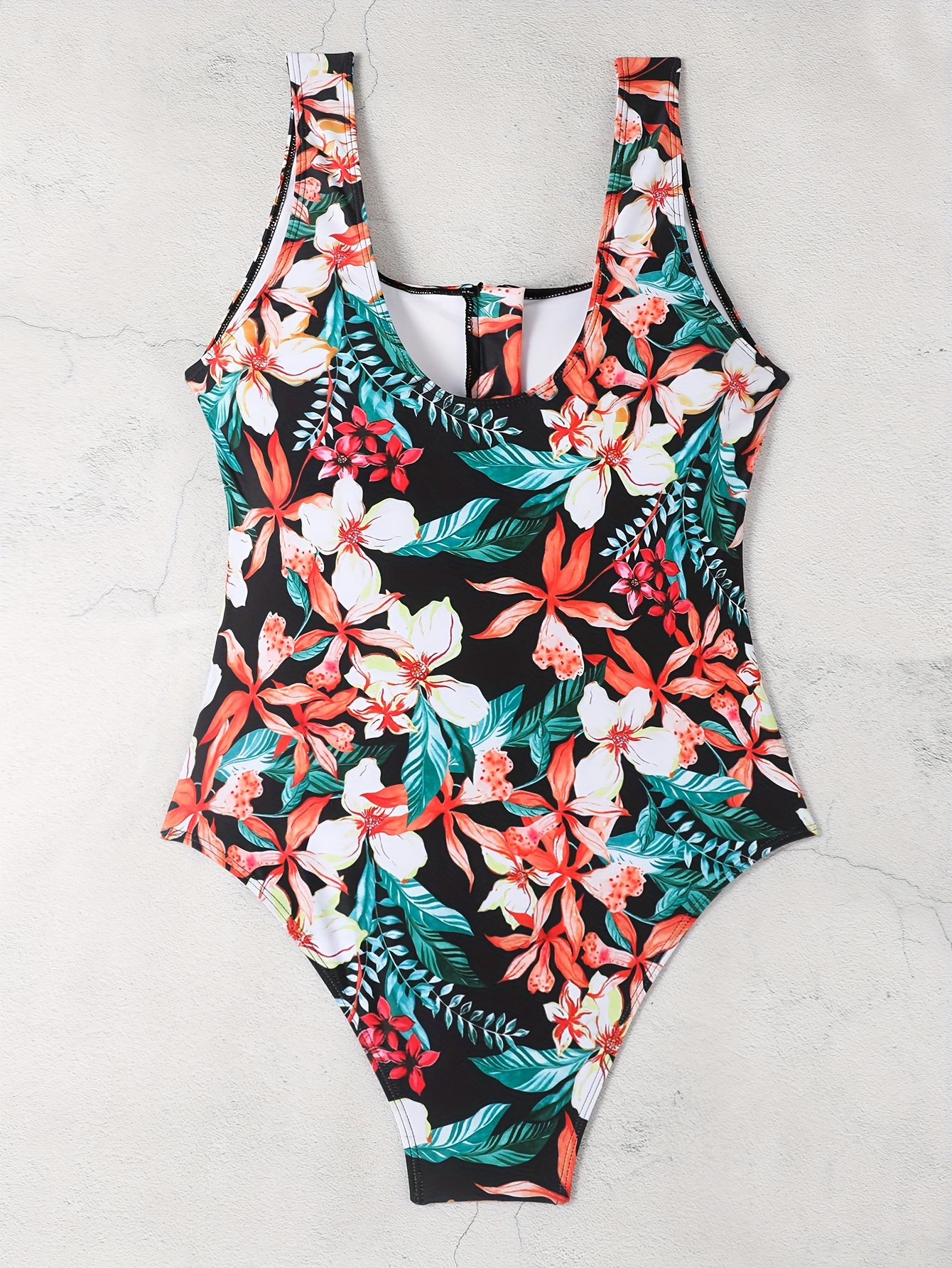 Plus Size Boho Swimsuit, Women's Plus Tropical Print Zipper Front Built-in  Bra Cups Ruched * Bathing Suit