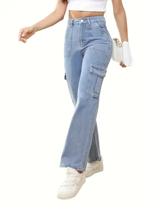ZMHEGW High Waisted Cargo Pants Women High Waisted Cargo Wide Leg Denim  Multi Pocket Cargo Jeans Trousers 