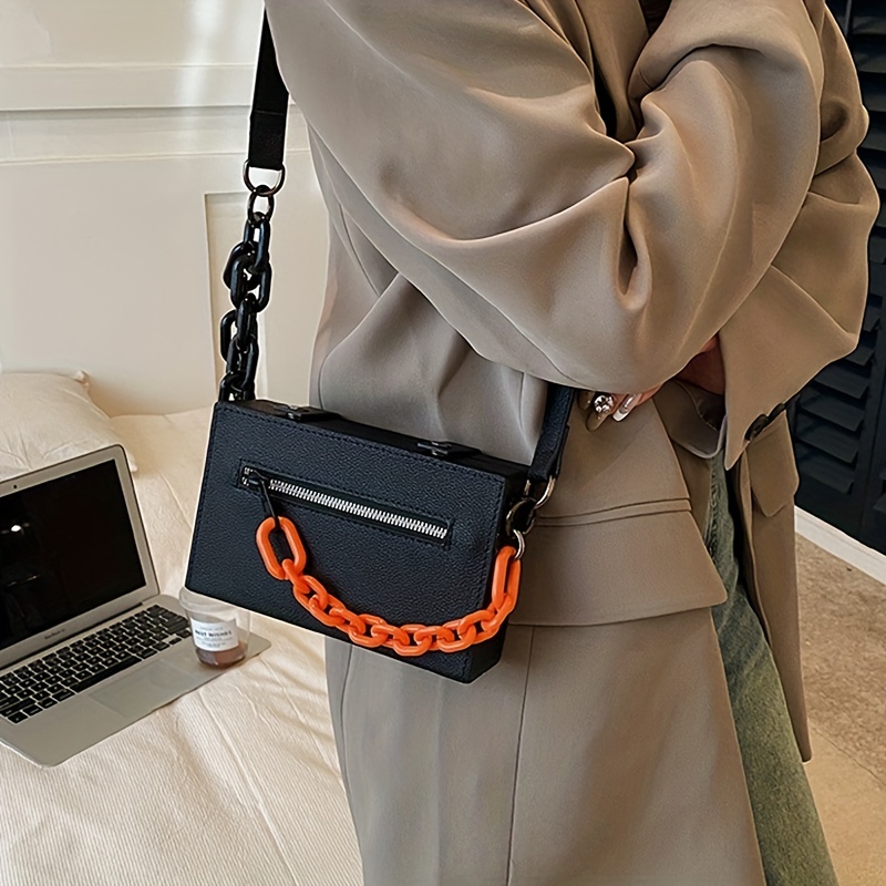 Cool Minimalist Box Bag, Trendy Chain Crossbody Bag, Mini Hard