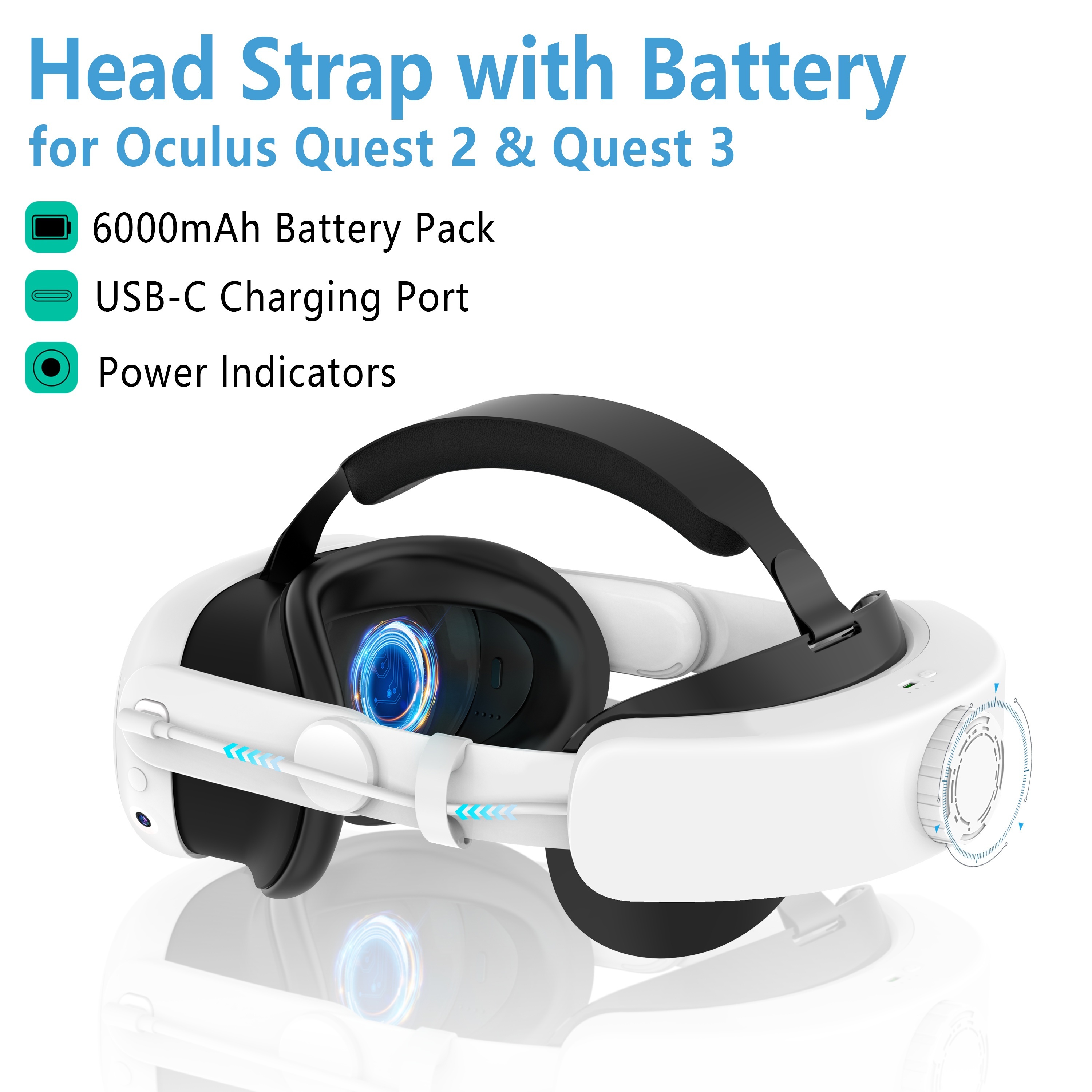 Oculus Quest 2 & Quest  3用バッテリー付きヘッドストラップ、6000mAh急速充電VR電源、カウンターバランス、VRの快適性を向上させる調整可能なヘッドストラップ  ハロウィーン/感謝祭/クリスマスギフト用