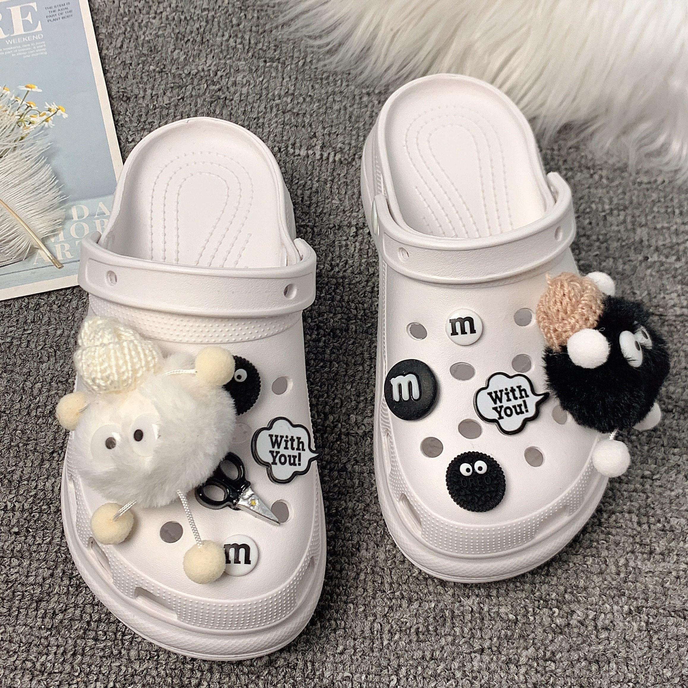 Fashion White Black Plush Ball Shoe Charms Clogs Sandal - Temu