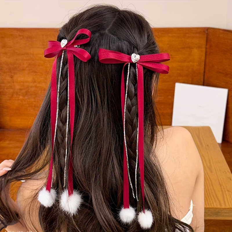 2pcs Braided Hair Ribbon Bow Hairpin Streamer Ponytail Cute Headdress Fashion Tie Hair Headdress Hair Accessories, Christmas Gifts,Temu