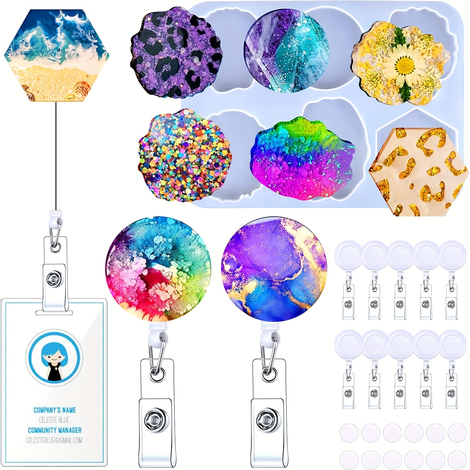 Badge Reels Resin Molds Silicone, 6grids Silicone Retractable Badge Reels  Molds With Retractable Badge Holders, Double-sided Adhesive Dots, 6 Shapes E