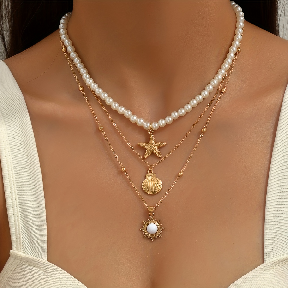 

1pc Boho Vacation Style Alloy Starfish Scallop Sun Imitation Pearl O-shaped Chain Multilayer Stacking Necklace Suitable For Women Daily And Holiday Wear