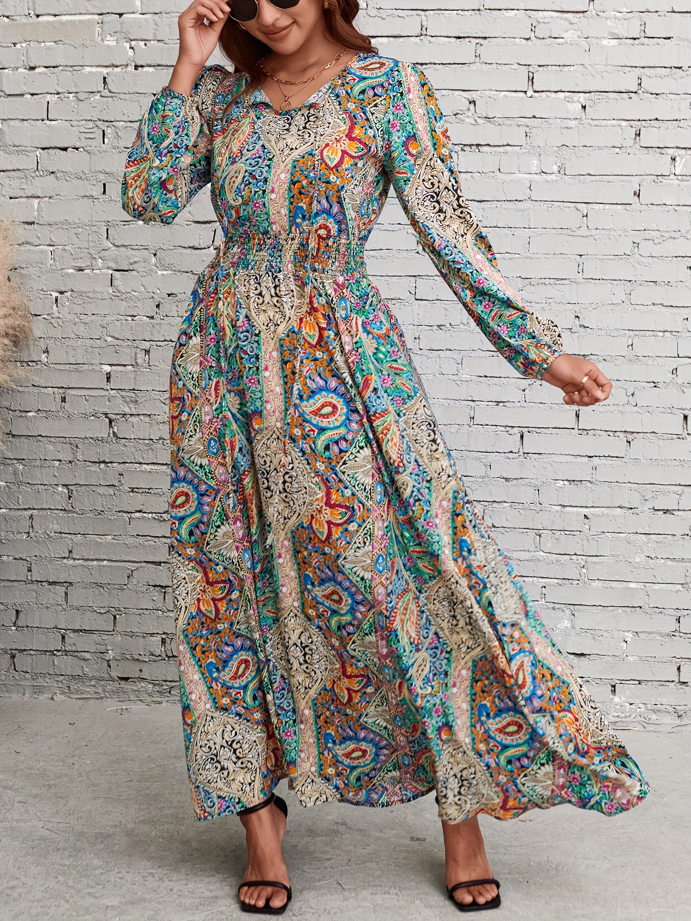 paisley print tie front dress vintage long sleeve shirred
