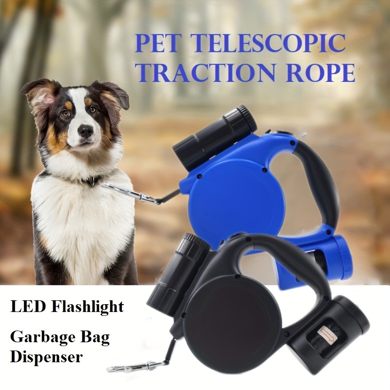 Dog leash with flashlight and sales bag dispenser