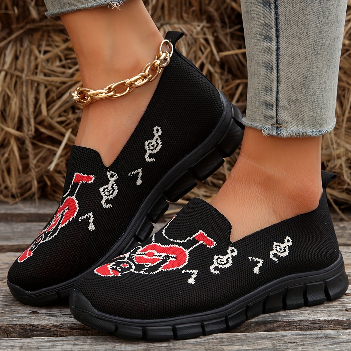 Women's Cartoon Print Knitted Sneakers, Slip On Shock Absorption