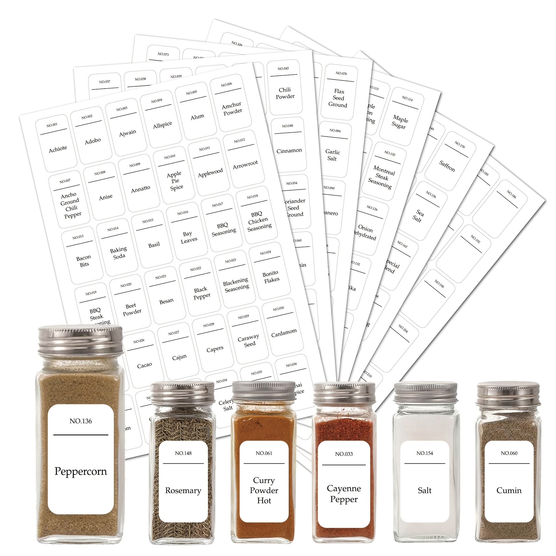 186 Preprinted & 30 Blank Spice Jar Labels - Waterproof, Oil-proof