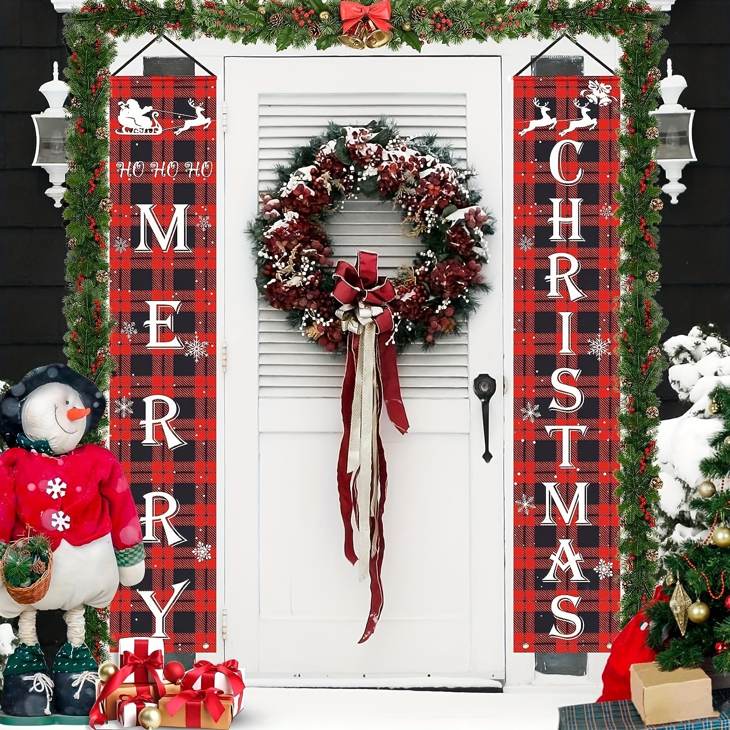 Christmas Wreath for Front Door,Black White Buffalo Plaid Kitchen Decor W/light,welcome Sign for Front Door,Buffalo Check Farmhouse Wall Decoration,ho