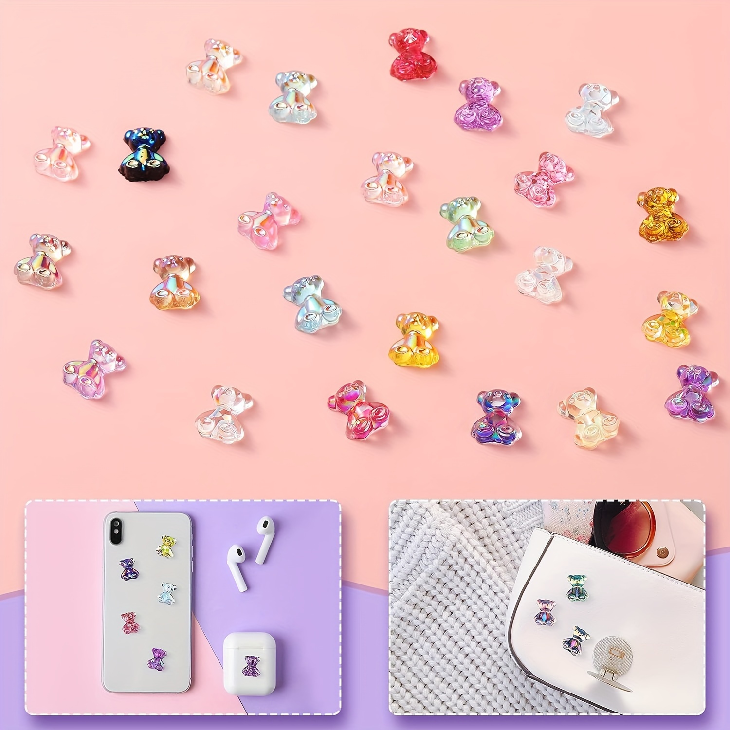 120 Pieces Bear Nail Beads Gummy 3D Bear Nail Decorations Resin Cute Nail  Charms for Women Girls Nail Accessories, 2 Styles, 24 Colors (Lovely Style)