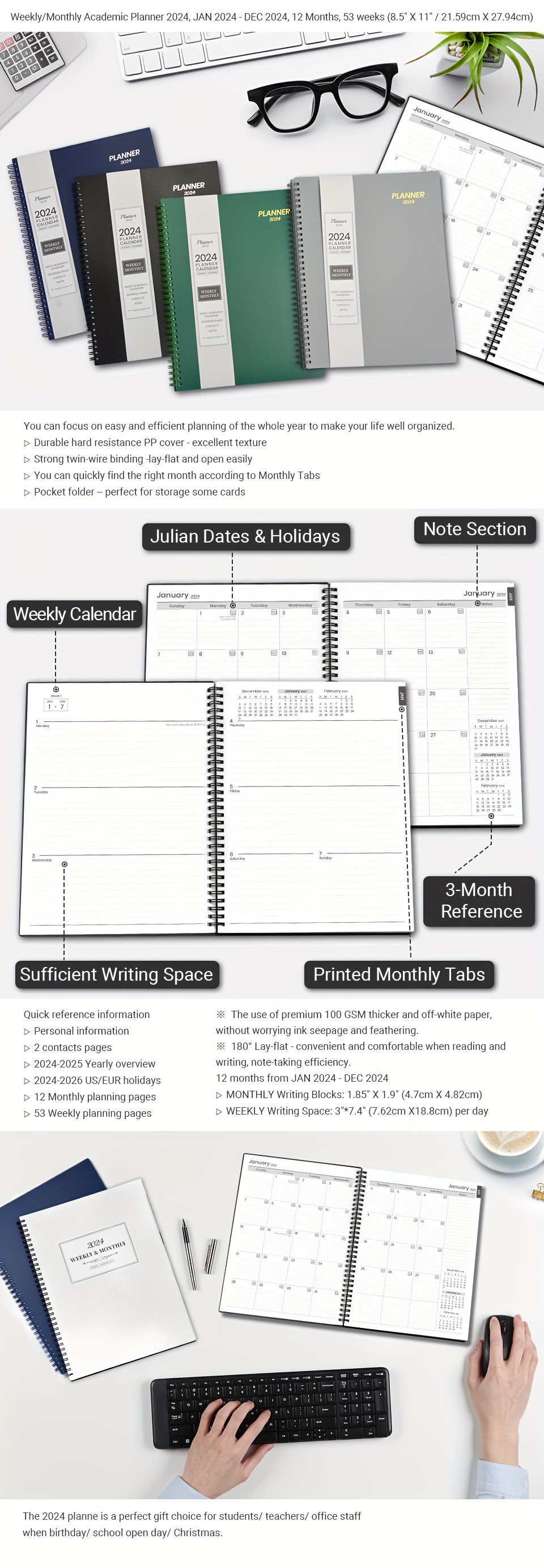 Planner 2024 Weekly Monthly Calendar Spiral, 12 Months From JAN. To DEC.  2024, Office Planner, 8.3*11 Inch, Time Management Personal Agenda To  Increas