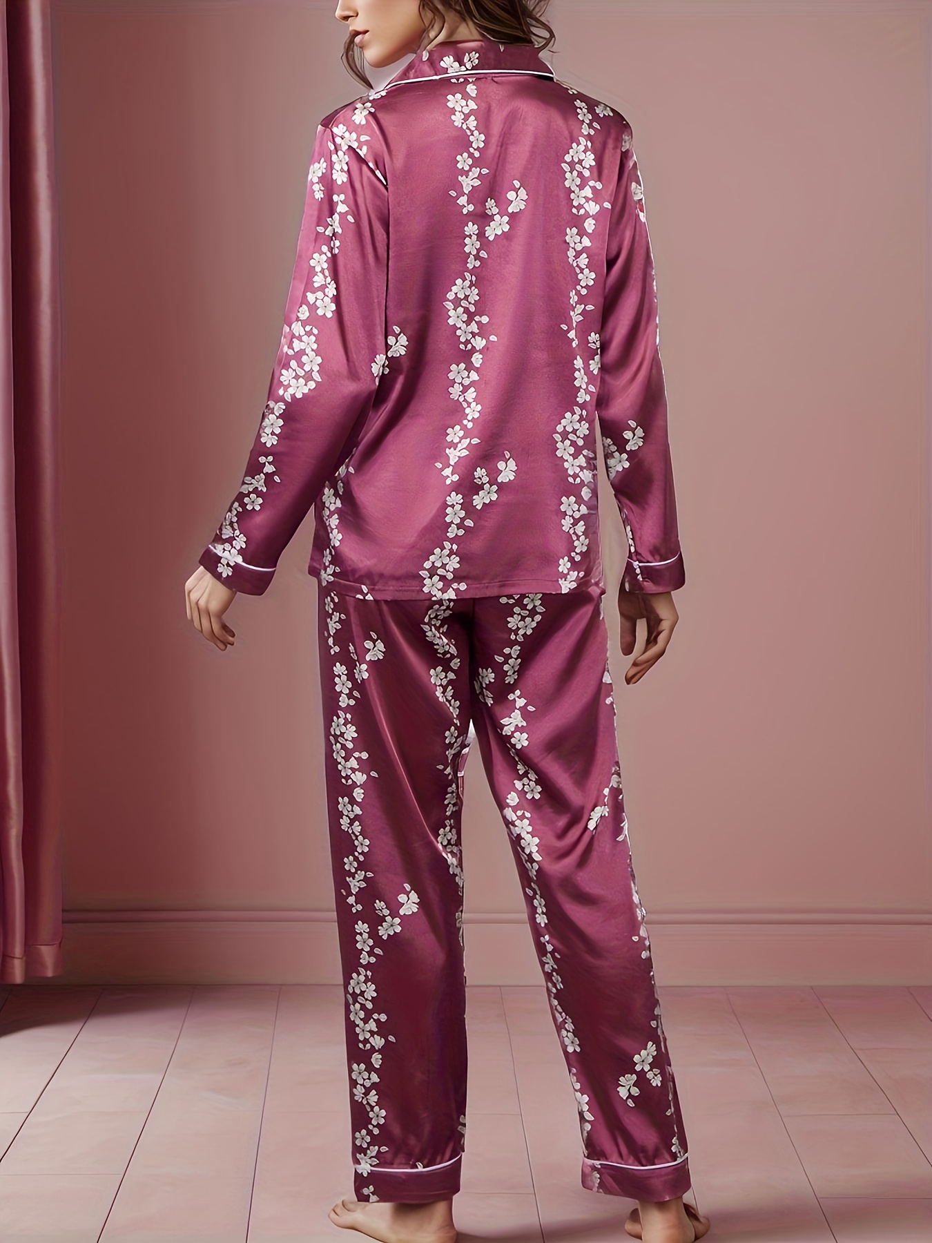 Women's Flower Sleepwear PJs Pink Floral Leaves Print Long Pajama Set Lounge