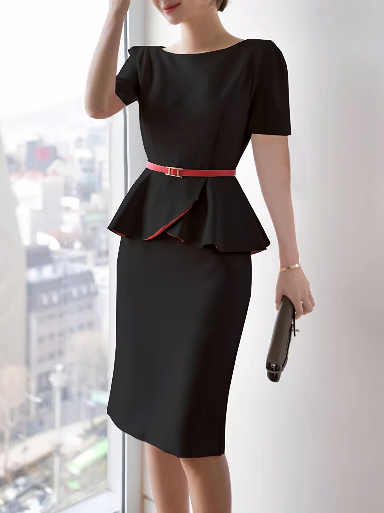 Ruched Pencil Dress Elegant Crew Neck Sleeveless Work Office