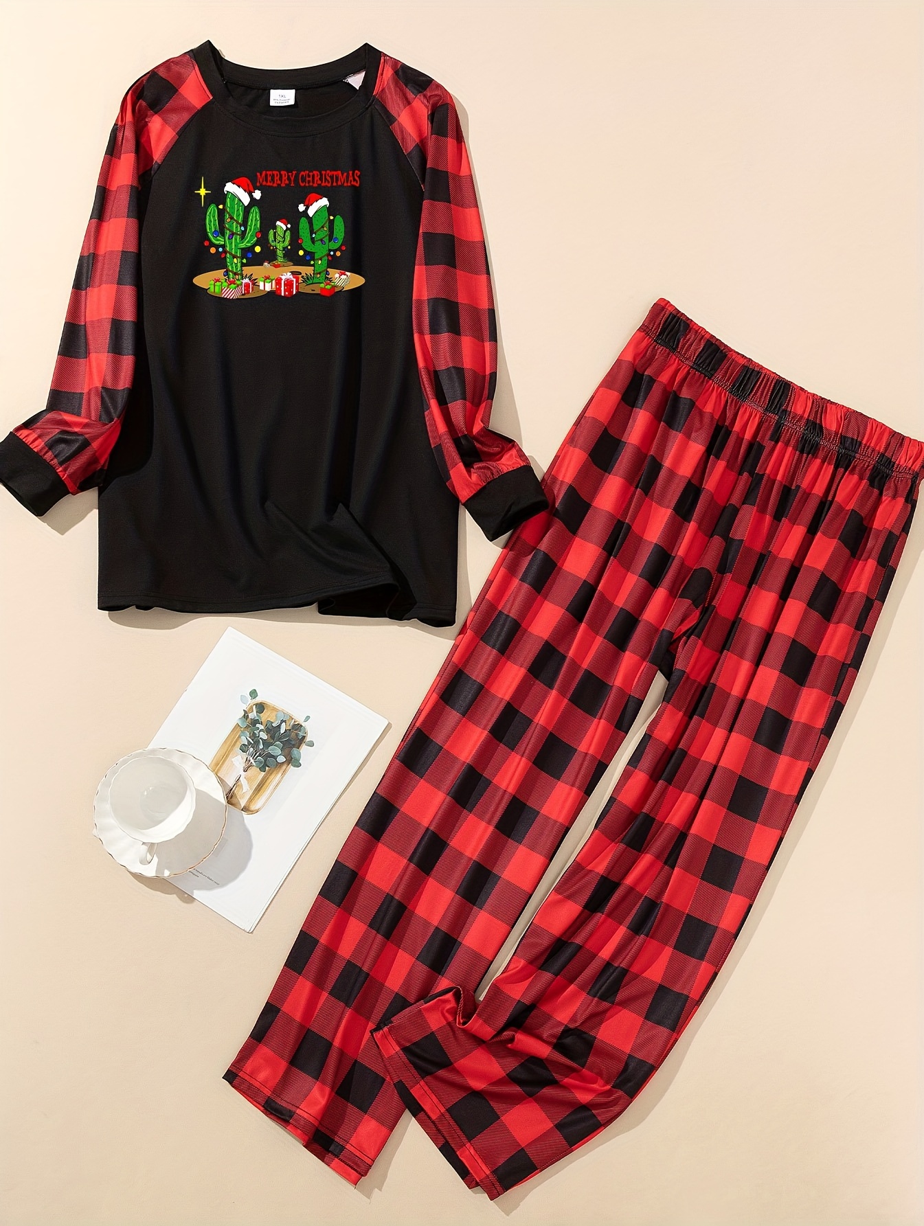 Christmas Western Lounge Set Women's Plus Cactus Tee & Plaid PJs