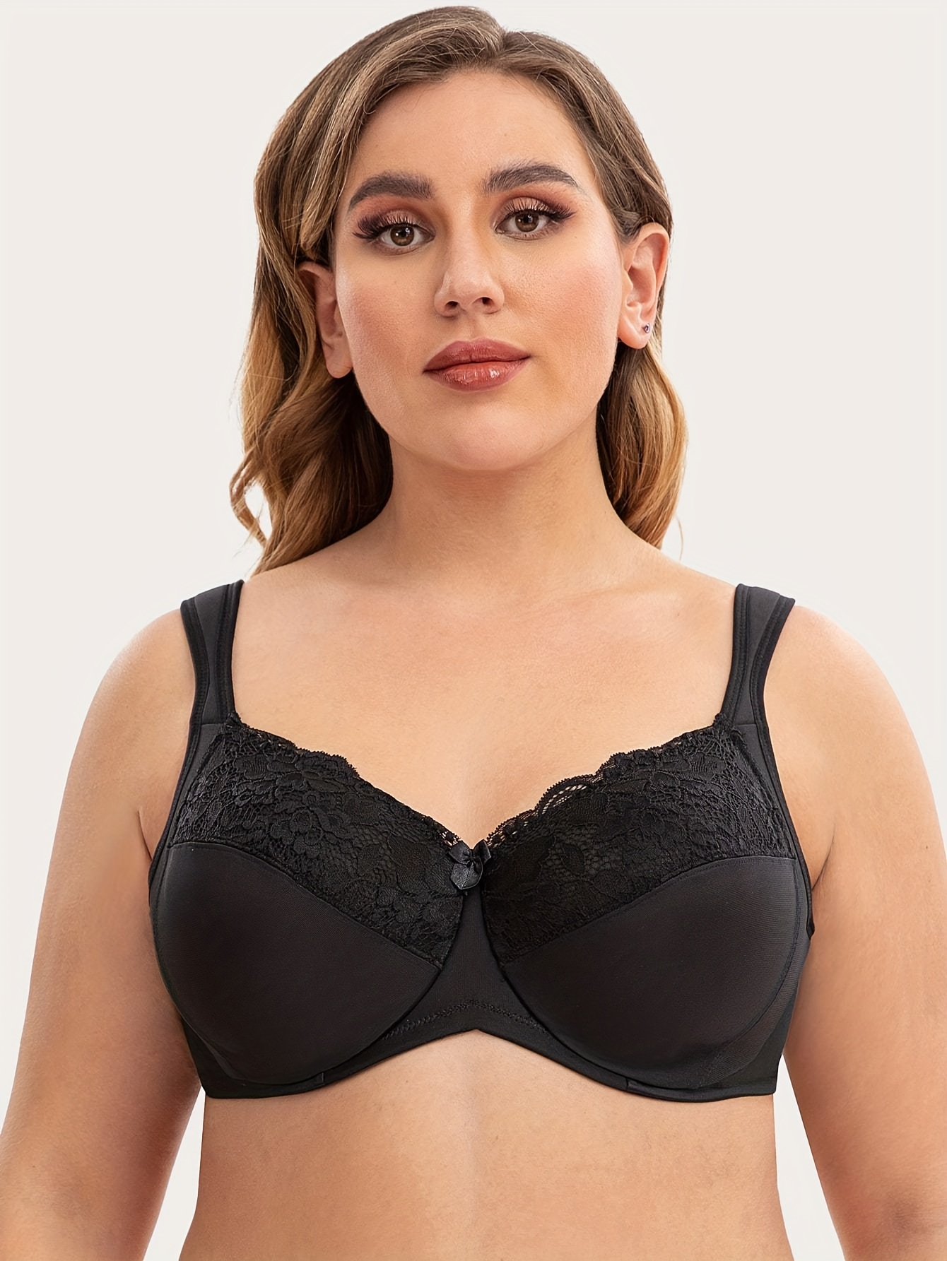 Plus Size Solid Contrast Lace Full Cup Comfort Bra Women's - Temu