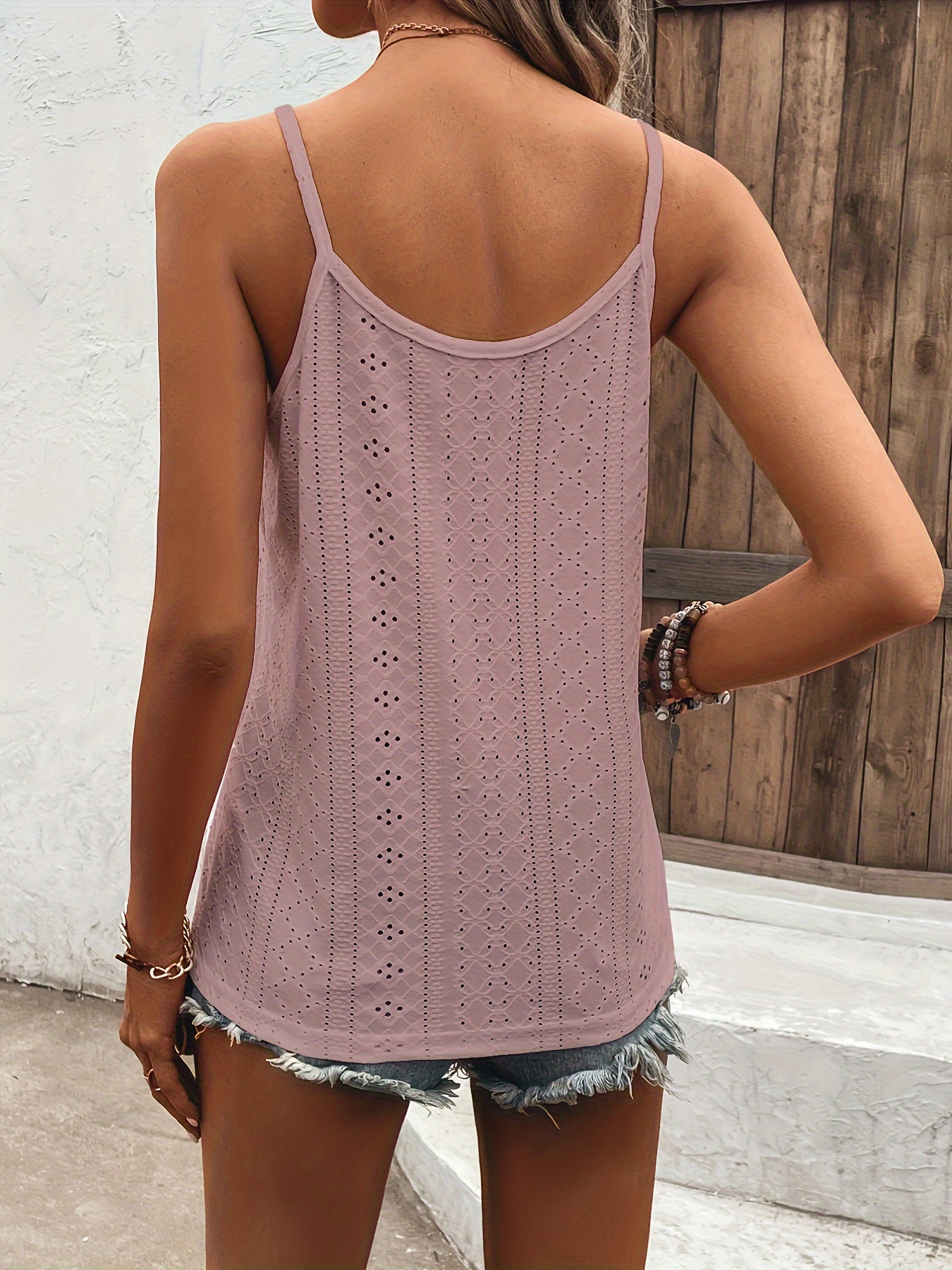 Eyelet Fringe Knit Cami Top, Resort Wear Spaghetti Strap Top For Summer,  Women's Clothing