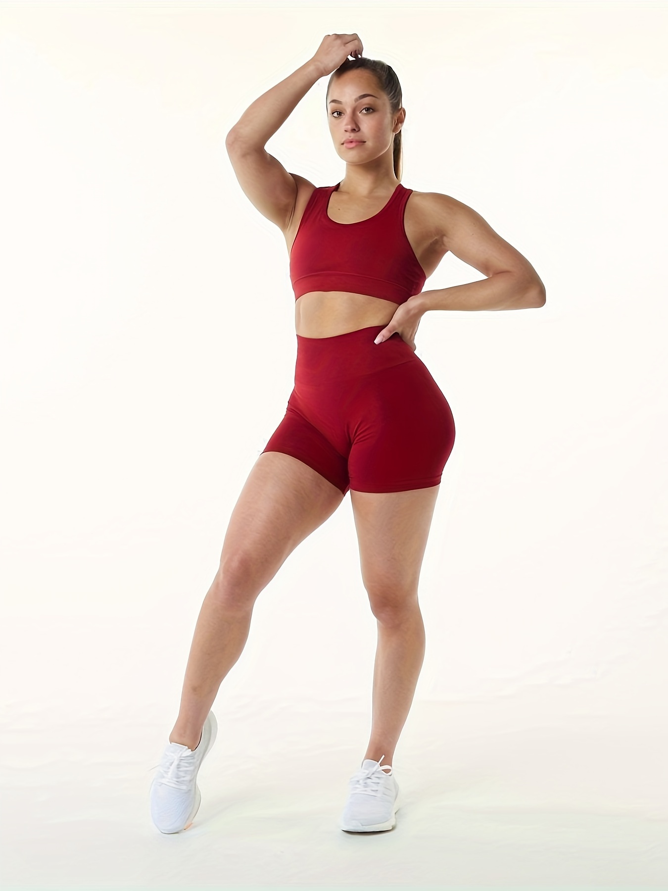 Women's Sports Outfit Set, Plus Size Plain Red Criss Cross Strappy Scoop  Neck Top & High * Shorts Fitness 2 Piece Set