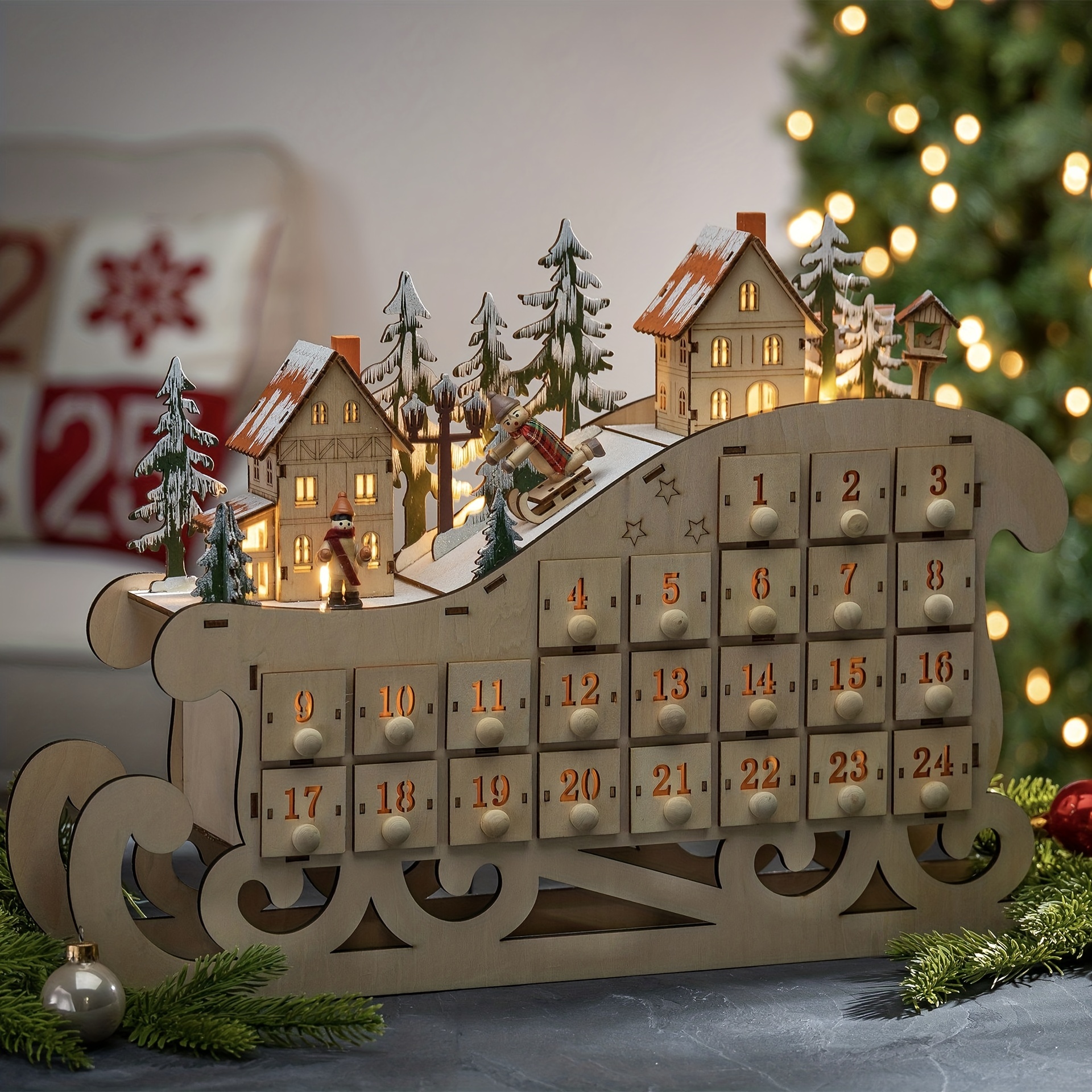 Calendrier de l'Avent de Noël en bois Bonhomme de neige Lumineux Compte à  rebours perpétuel Calendrier Bloc Calendrier de bureau
