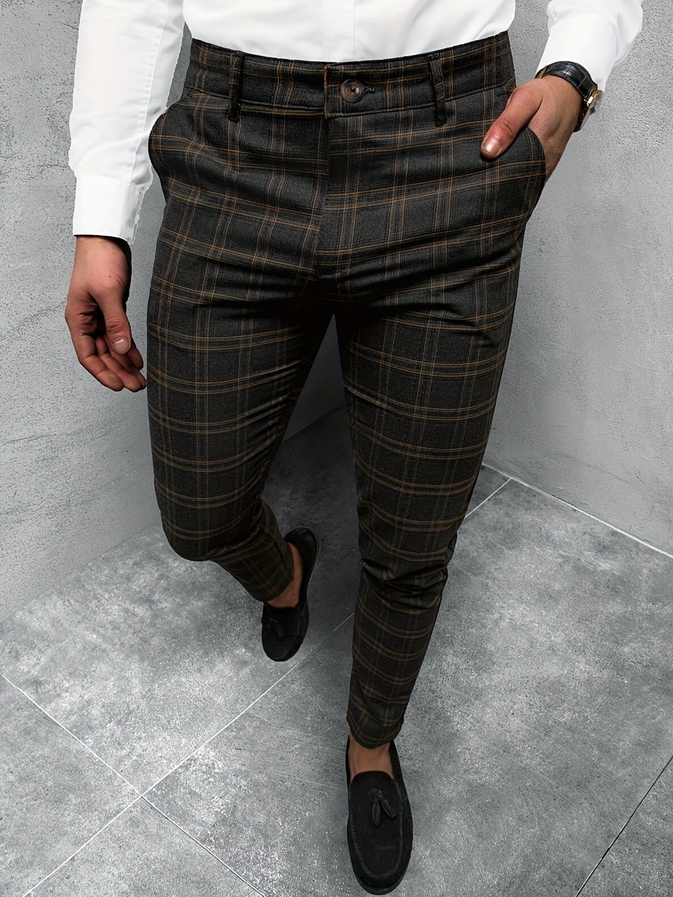 Slim Fit Elegant Plaid Slacks Men's Casual Vintage Style - Temu