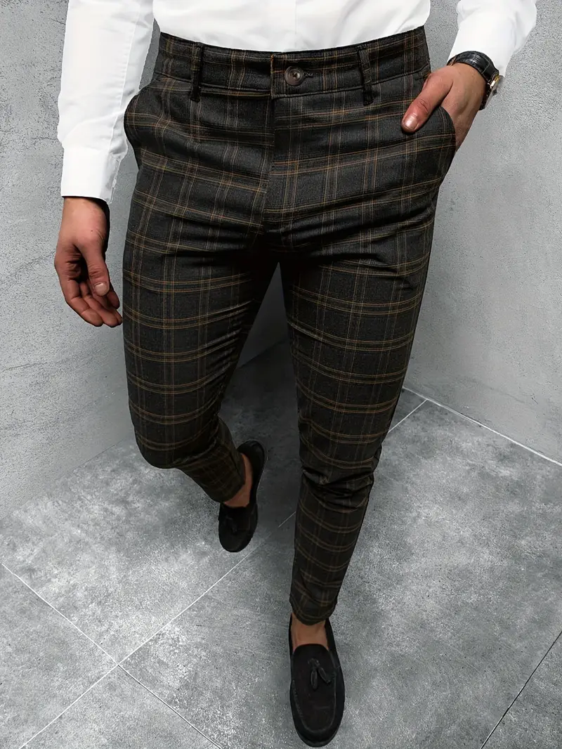 Slim Fit Plaid Slacks Men's Casual Vintage Style Slightly - Temu Canada