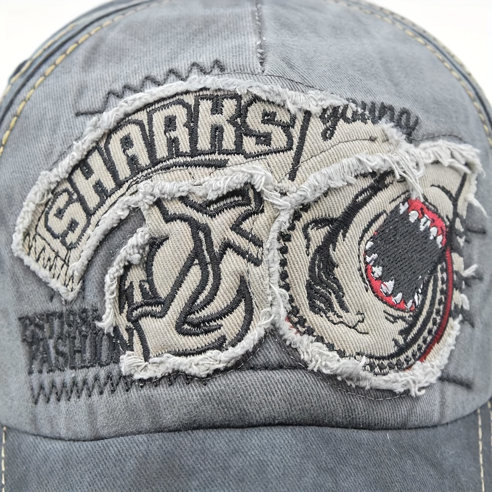 Vintage Washed Baseball Cap With Shark Embroidery - 100% Cotton Adjustable Dad Hat For Men & Women