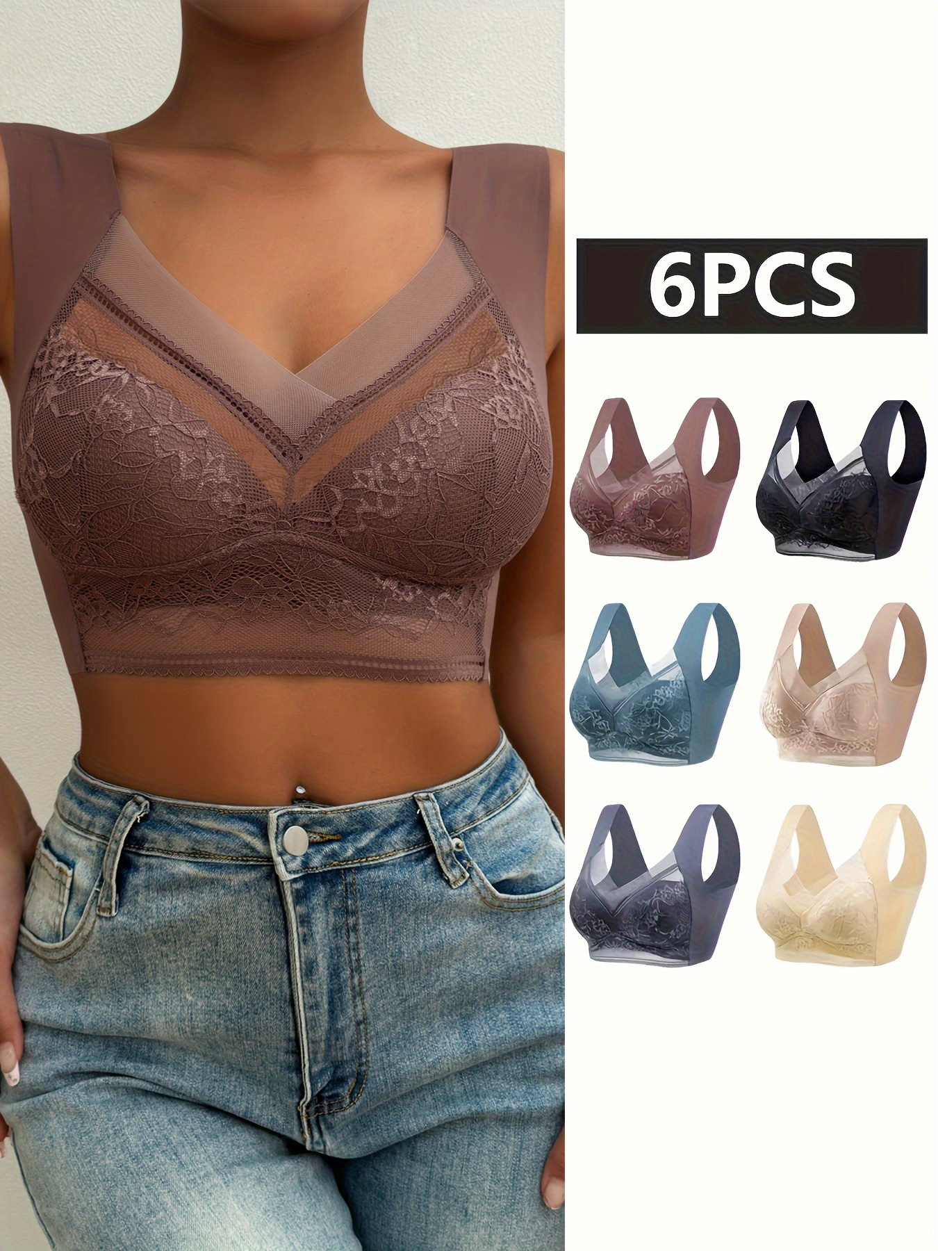 6pcs Sexy Contrast Lace Bra, Comfy & Breathable Solid Padded Wireless Bra,  Women's Lingerie & Underwear