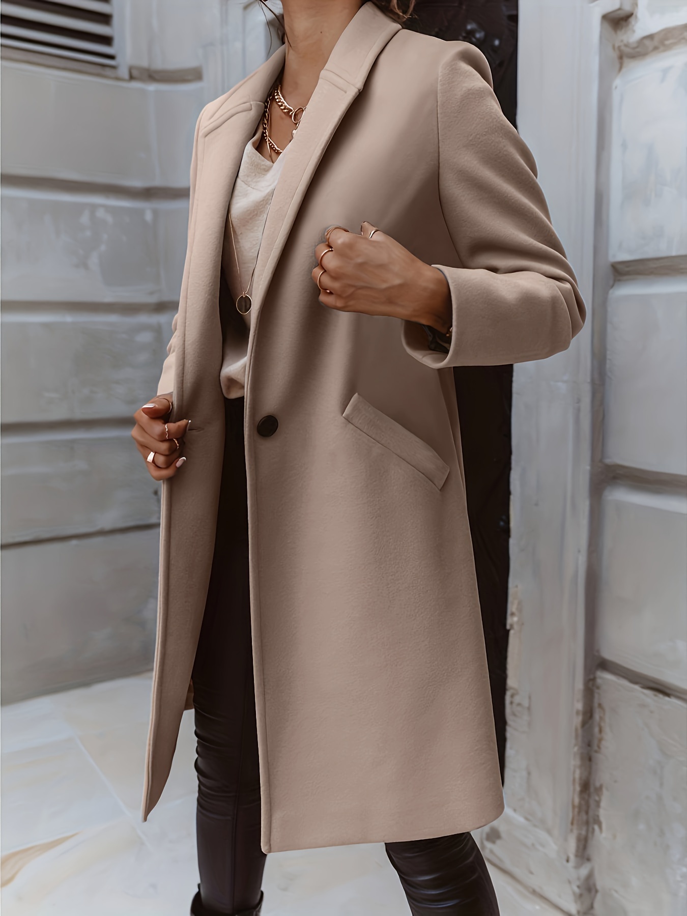 Solid Mid Length Coat, Elegant Open Front Long Sleeve One Button