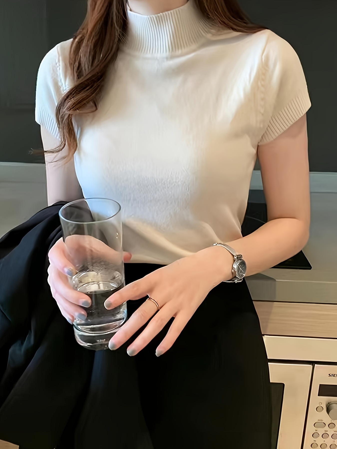 New Style Knitted Versatile Design Half-High Collar Short Sleeve Thin Pullover
