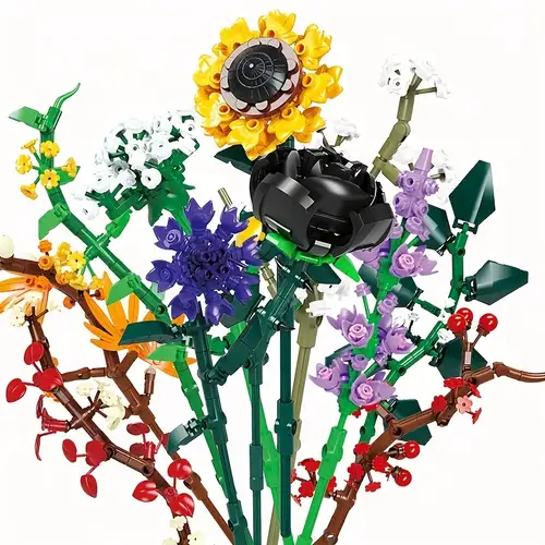 Rose Flower Bouquet Building Set,Botanical Collection Rainbow Artificial  Plant Compatible with Lego Gift for Adult Home Decor(Black 120pcs)
