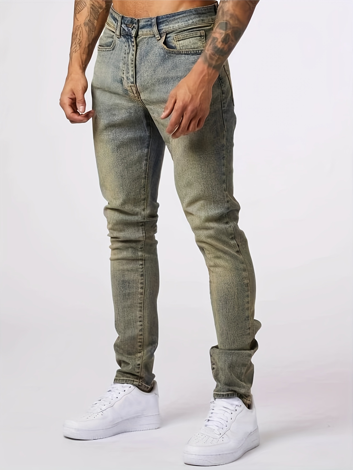 Slim Fit High Stretch Vintage Jeans, Men's Casual Distressed Street Style  Denim Pants