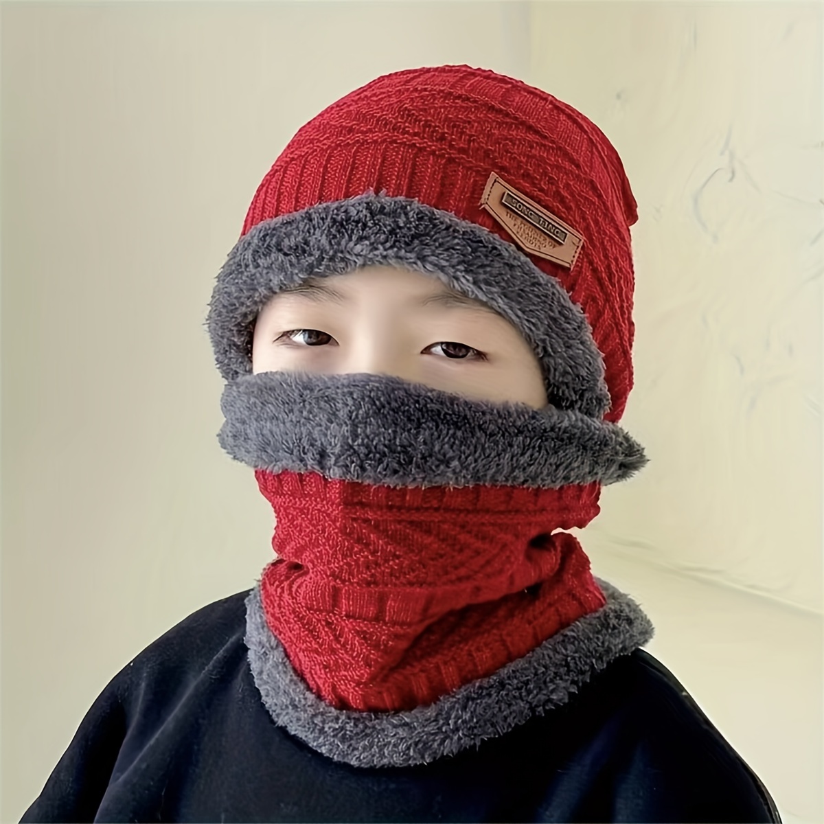Red Cool and Handsome 2pcs Scarf Set, Men's Plush Neck Scarf Set for Autumn and Winter Knitted Hat Beanie,Temu