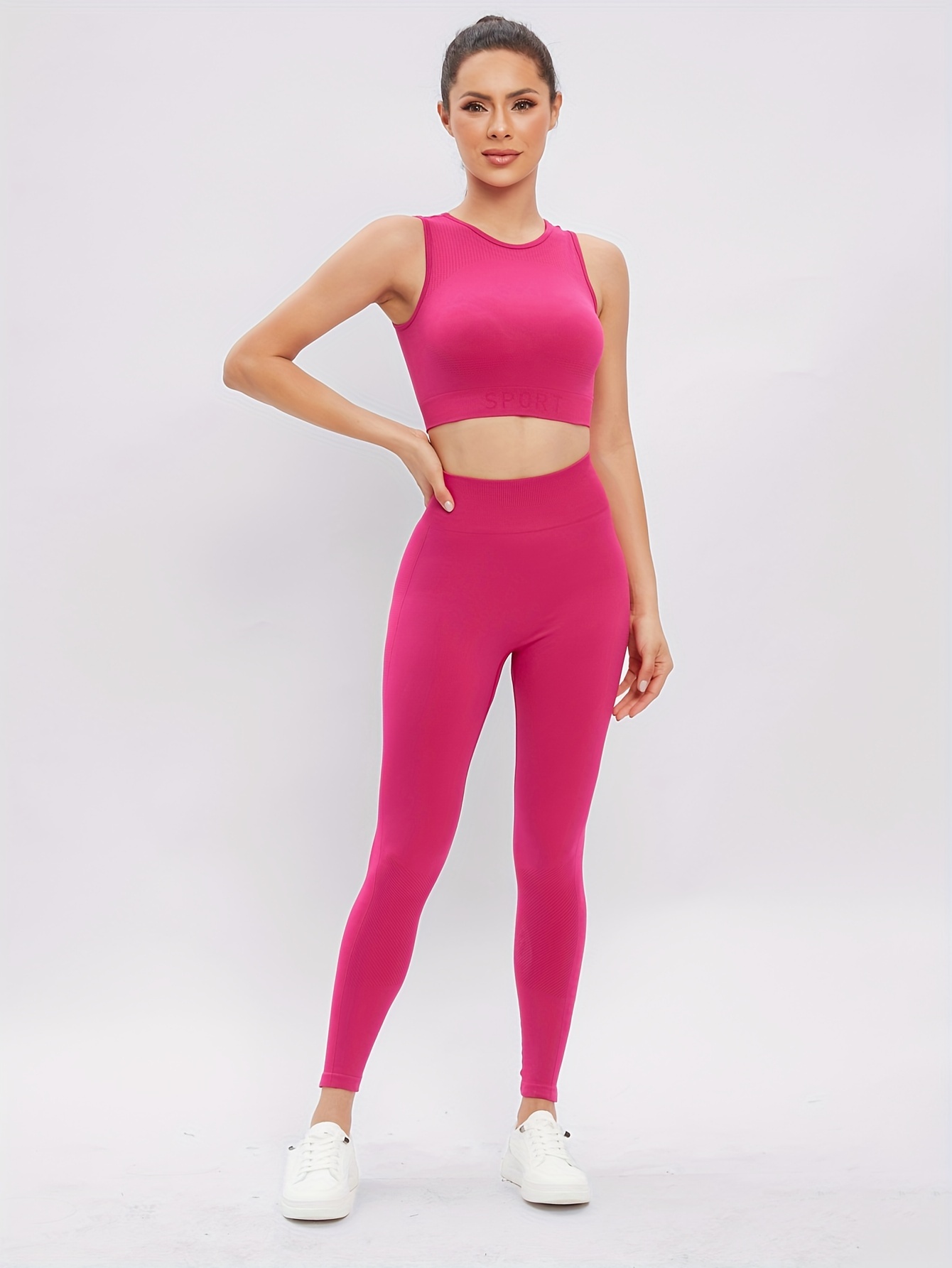 Solid Color Workout Sets Round Neck Sleeveless Sports Crop - Temu