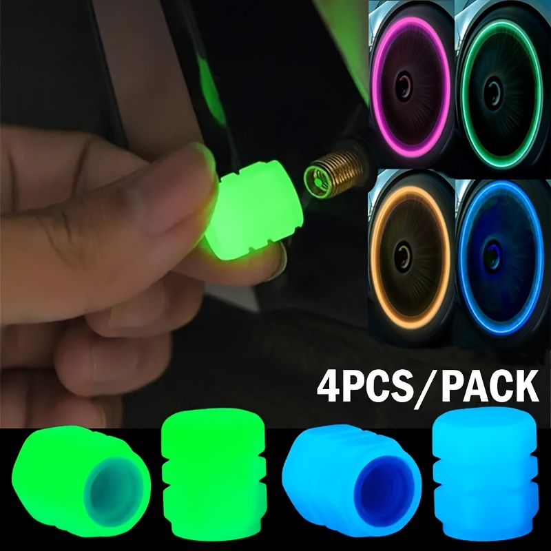 

4pcs Luminous Valve Caps, Fluorescent Night Glowing Car Motorcycle Bicycle Bike Wheel Tyre Luminous Valve Stem Caps Decors, Cycling Accessories