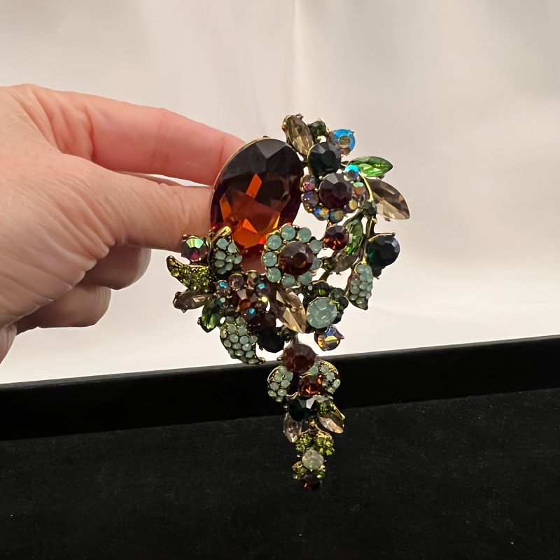 Large Vintage Statement Brooch Oversized Brown Green -dorned Pin with  Teal Blue/Golden/Black/Burgundy/Golden/Green/Garnet Hues Luxury Collar cce