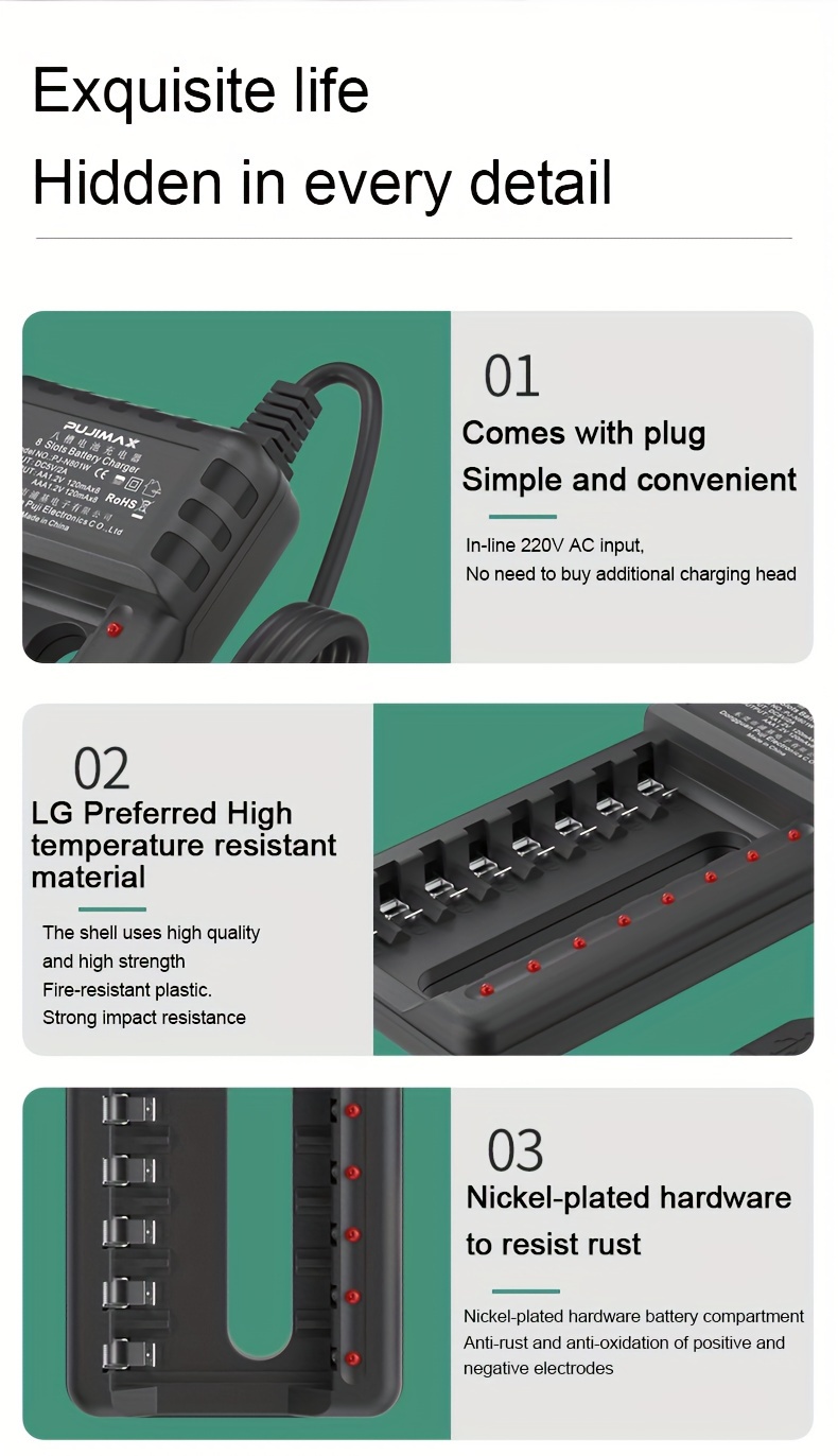 PUJIMAX Caricabatterie Intelligente A 8 Slot Con Cavo USB Per